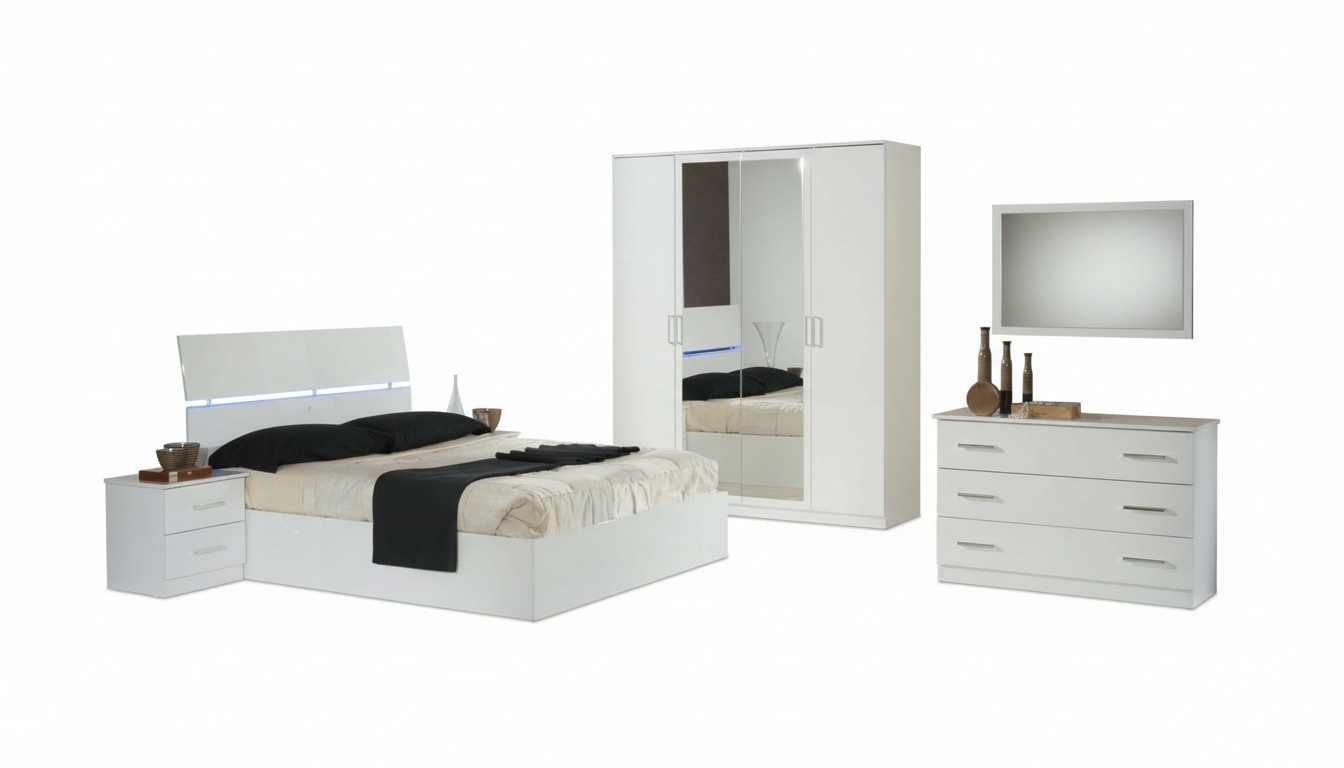 Design Schlafzimmer 6 tlg. Komplettes Set Bett Nachttisch Kommode Spiegel