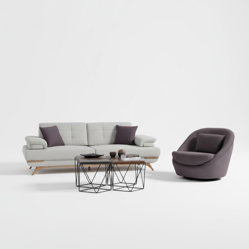 Design Sofa Set 3+1 Grau Braun Polster Lounge Couch Wohnzimmer Modern Holzfüße