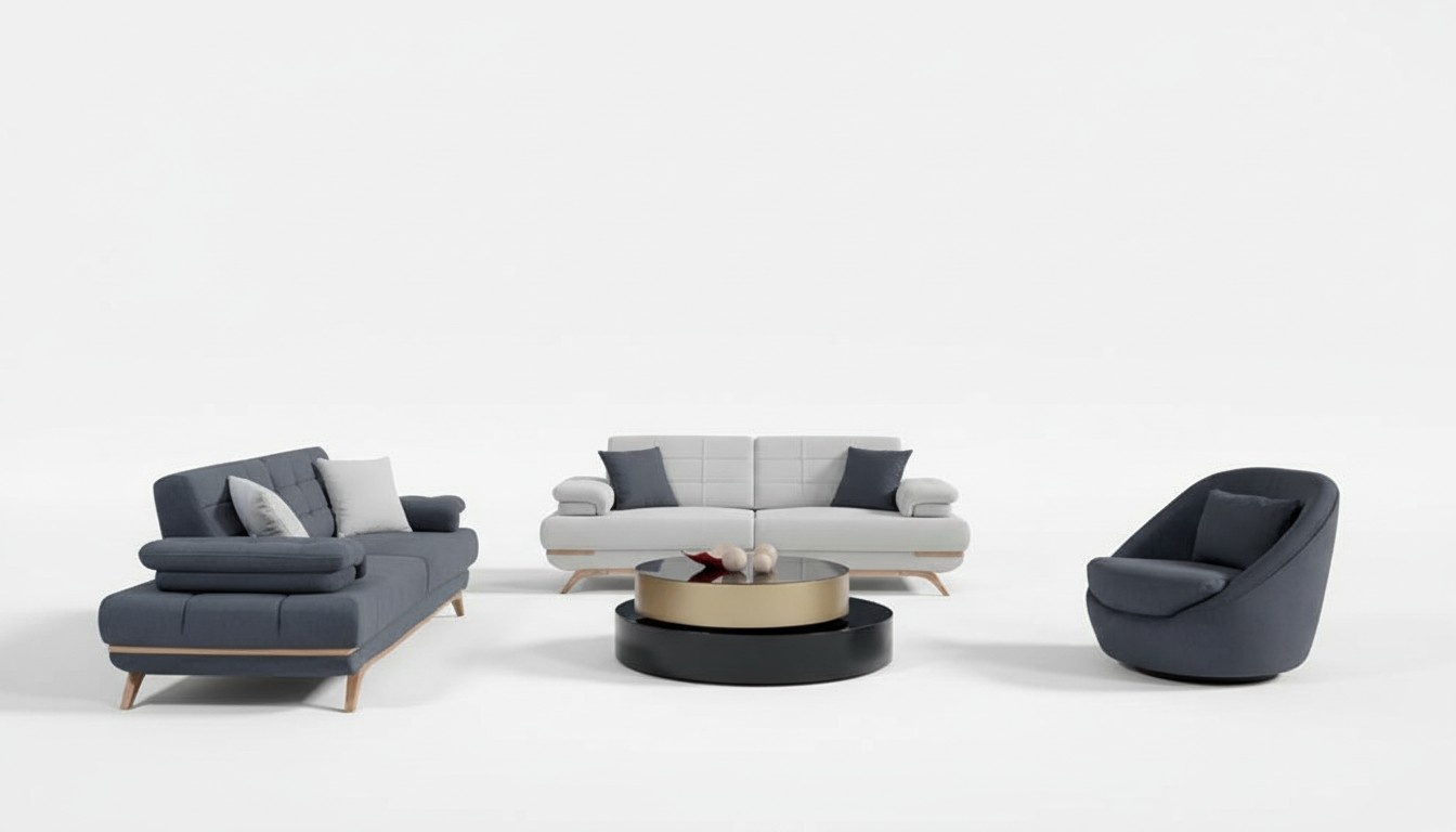 Design Sofa Set Wohnzimmer Polster Garnitur Grau Blau Modern 3+3+1 Elegant