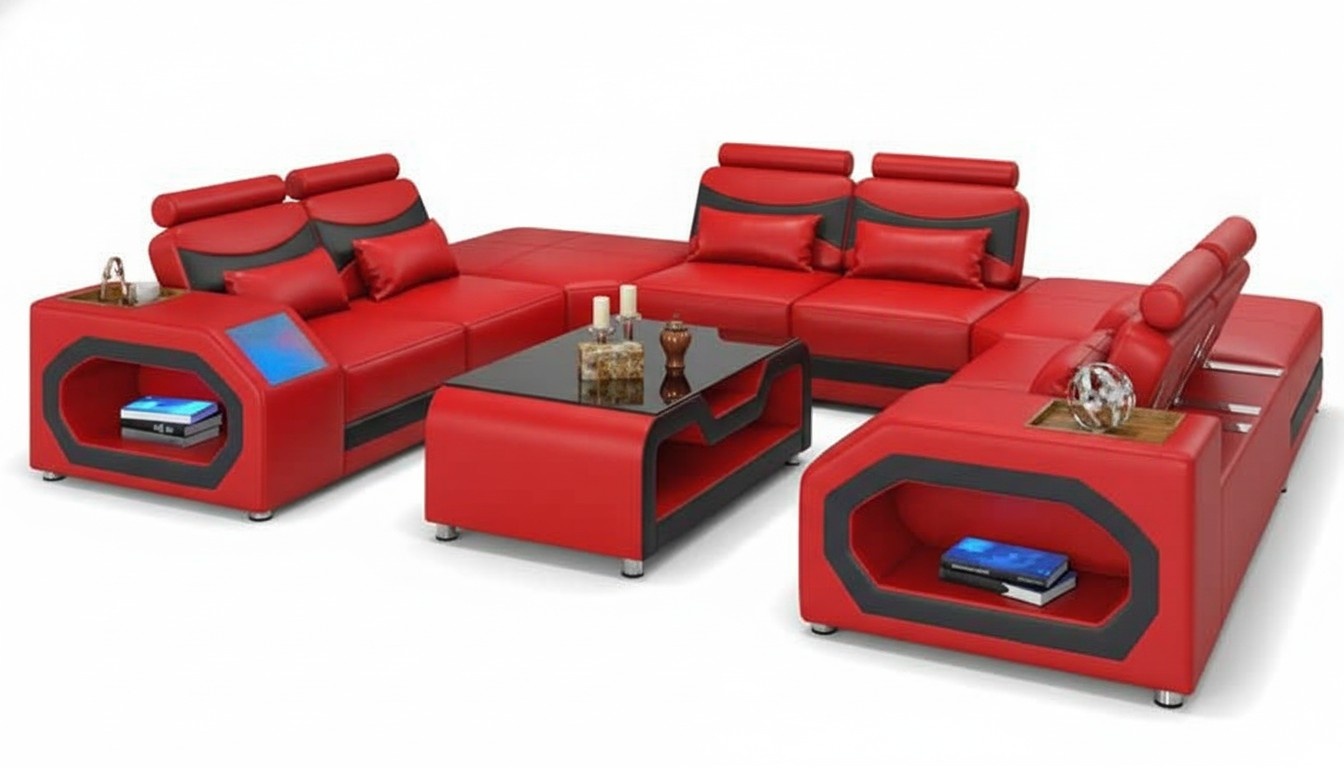 Design Wohnlandschaft Großes Sofa XXL U Form Ecksofa Ledersofa Rot LED