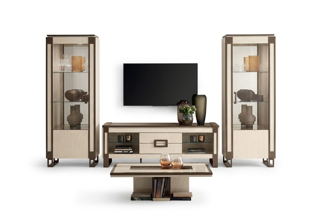 Design Wohnwand Sideboard 2x Vitrine rtv Lowboard Anrichte 3 tlg. Set wohnwände