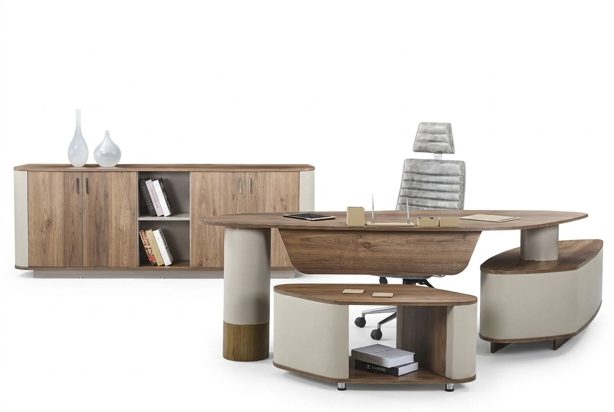 Designer Arbeitszimmer Set Schreibtisch Sideboard Couchtisch Beige Holz