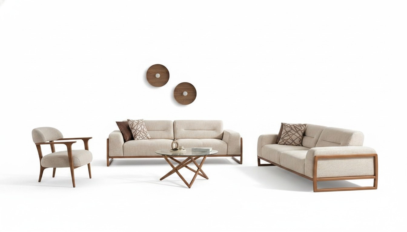 Designer Beige Sofagarnitur Hochwertig Wohnzimmer Dreisitzer Polster Sessel Set
