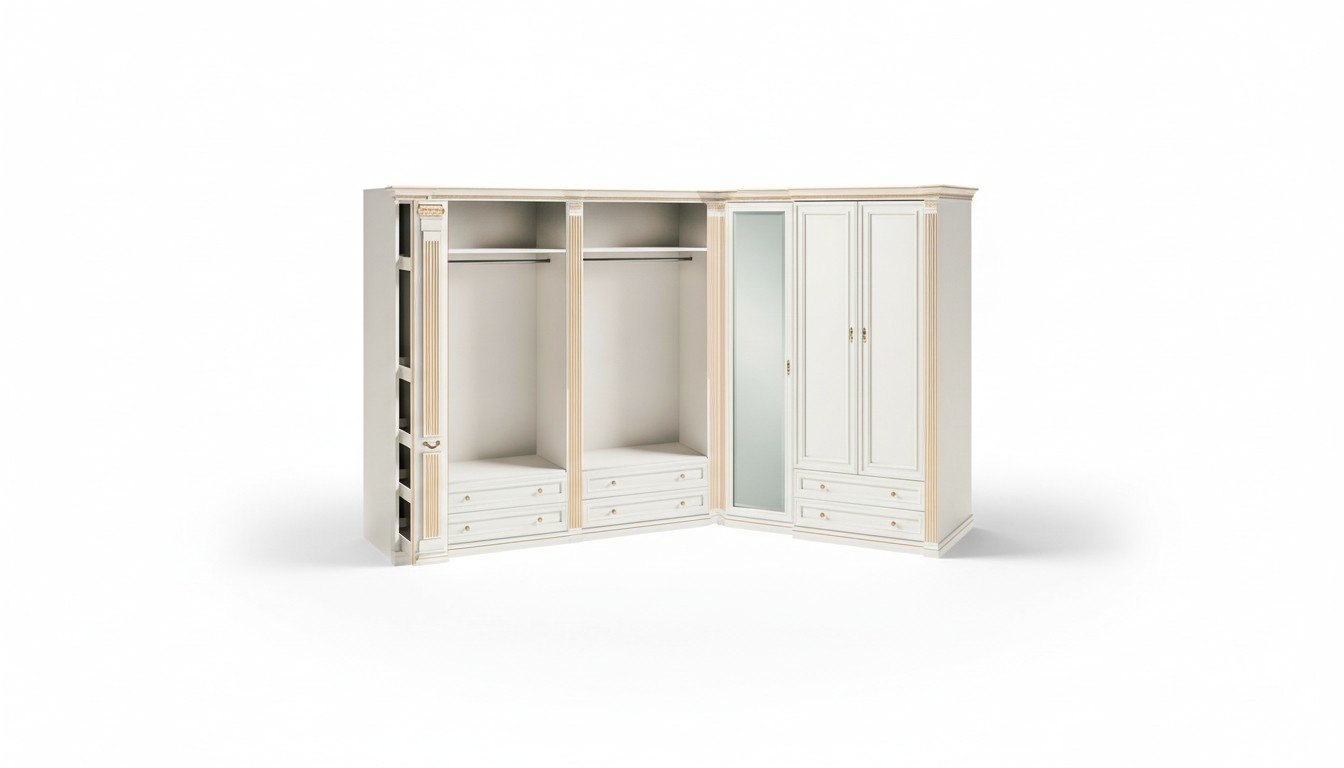 Designer Beiger Kleiderschrank Massivholz L-Form Robuste Edle Schränke