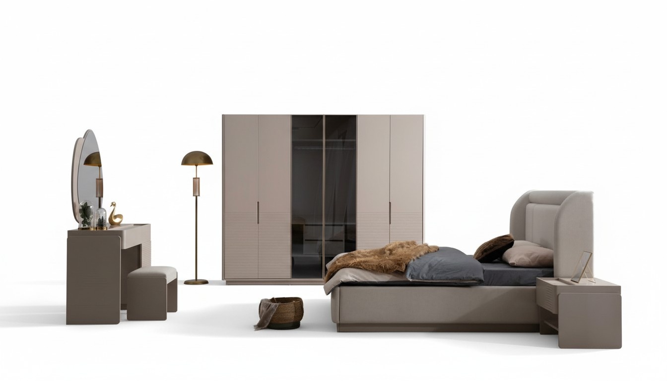 Designer Beiges Schlafzimmer Set Bett 2x Nachttische Kleiderschrank 5tlg