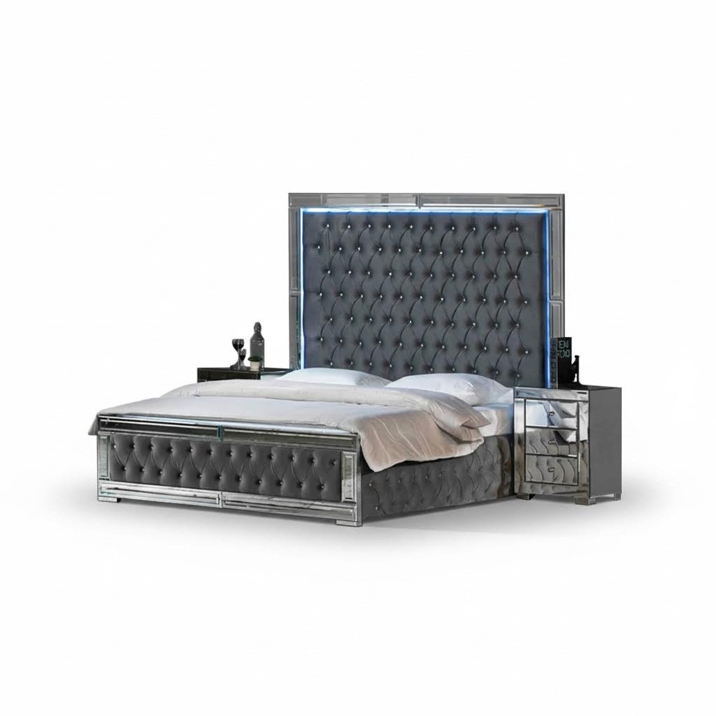 Designer Chesterfield Doppelbett 2x Nachttische Schlafzimmer 3tlg Set