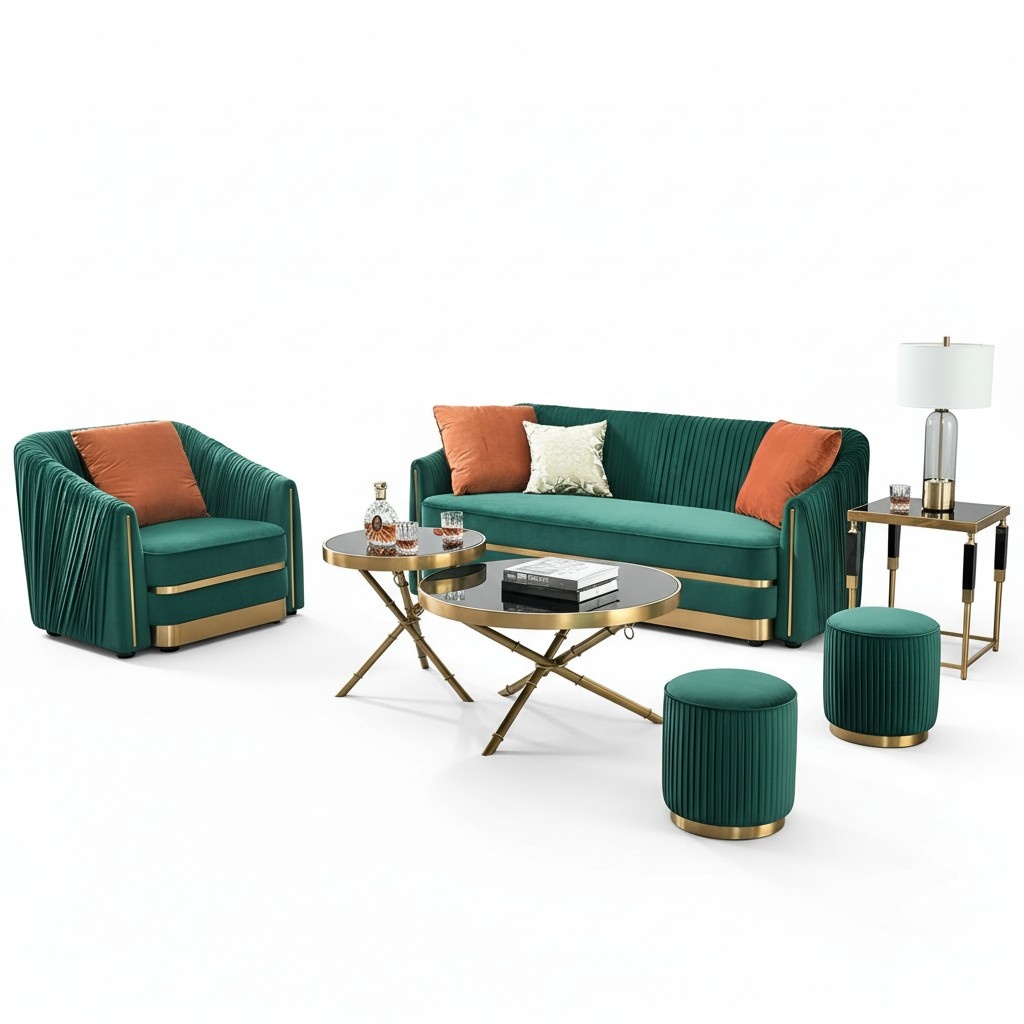 Designer Couch Polster Sitz Garnitur Sofa Garnituren Samt 3+1 Sitzer + Hocker