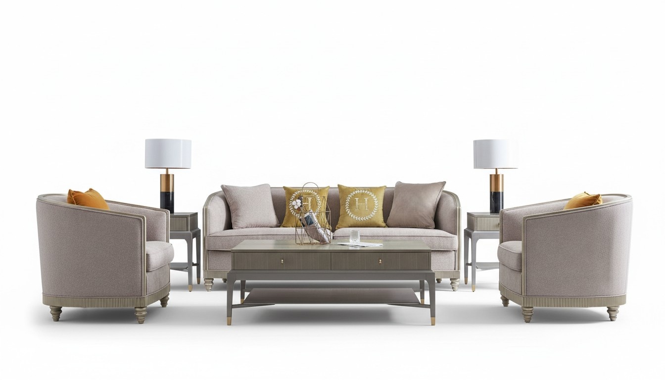 Designer Couch Sitz Polster 3+1+1 Sitzer BeigeTextil Garnitur Sofa Samt Neu