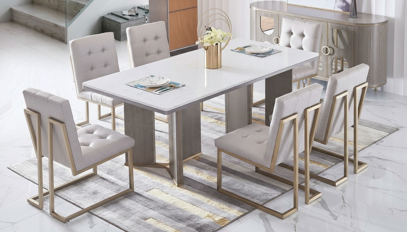 Designer Ess Zimmer Stuhl Set Metall Textil Sessel 6x Lounge Stühle