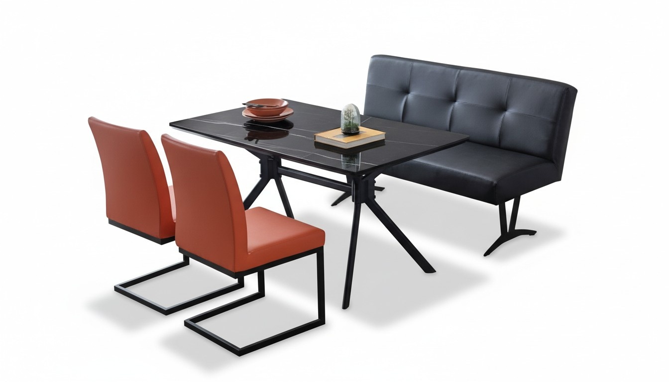 Designer Esszimmer Set 2x Braune Polsterstühle Schwarzer Esstisch Bank