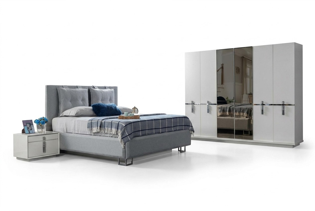 Designer Hochwertig Schlafzimmer Set Weiß Bett Kleiderschrank 2x Nachttische