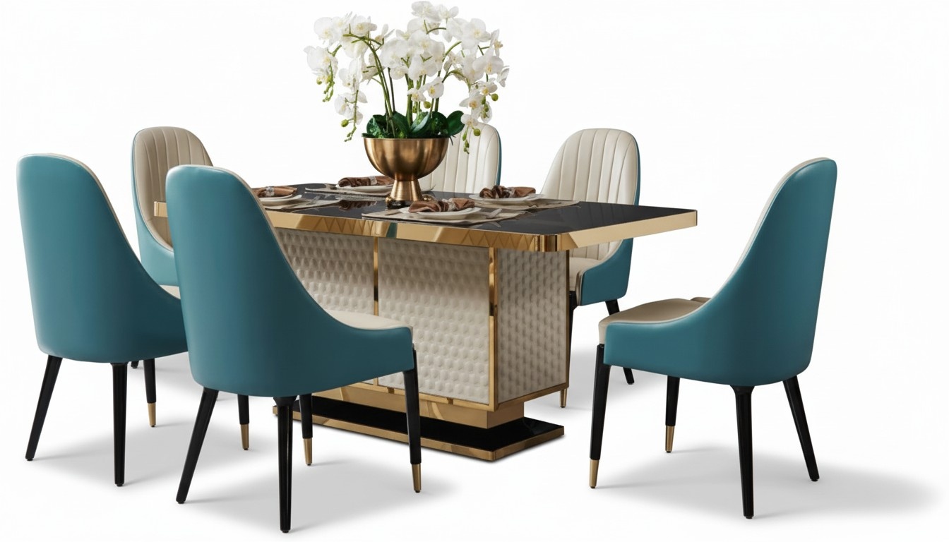 Designer Holz Ess Wohn Zimmer Set Tisch 4x Lehn Stühle Set Garnitur