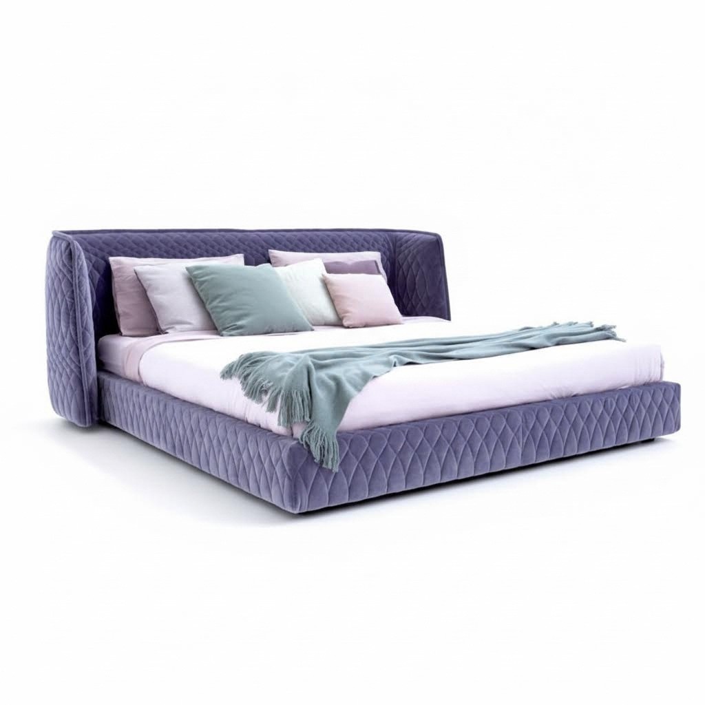 Designer Polsterbett Samt Luxus Modern Blau Doppelbett Rückenlehne Elegant