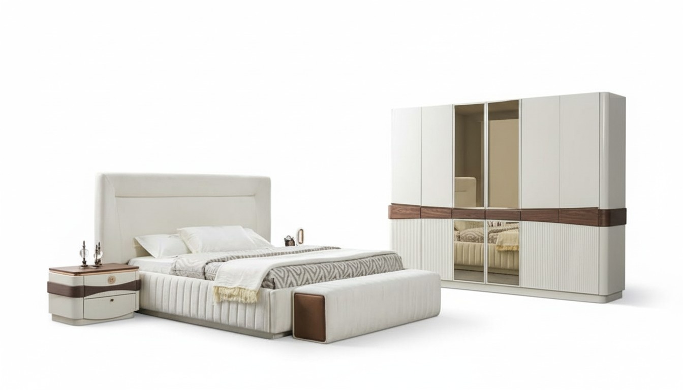 Designer Schlafzimmer Set Bett 2x Nachttische Sitzbank Kleiderschrank Set