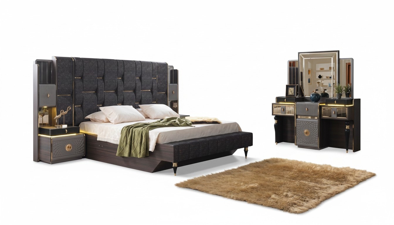 Designer Schlafzimmer Set Braun Bett 2x Nachttische Kommode Hochwertig Möbel