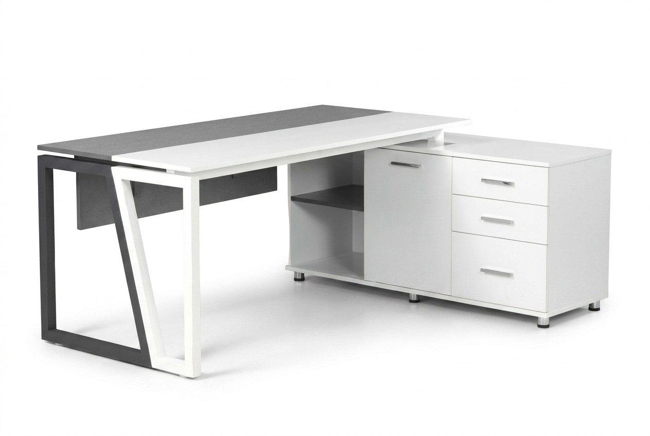 Designer Schreibtisch Bürotisch mit Shcrank Stauraum Holztisch Weiß Grau
