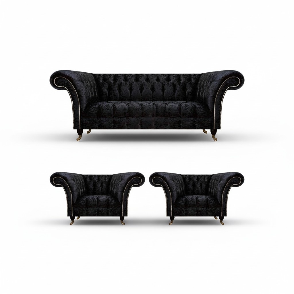 Designer Schwarze Chesterfield Garnitur Edle Lehnsessel Polster 3-Sitzer