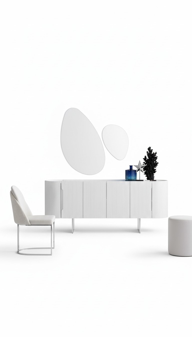 Designer Set Sideboard mit 2x Spiegele Highboard Schrank Verspiegelt Weiß