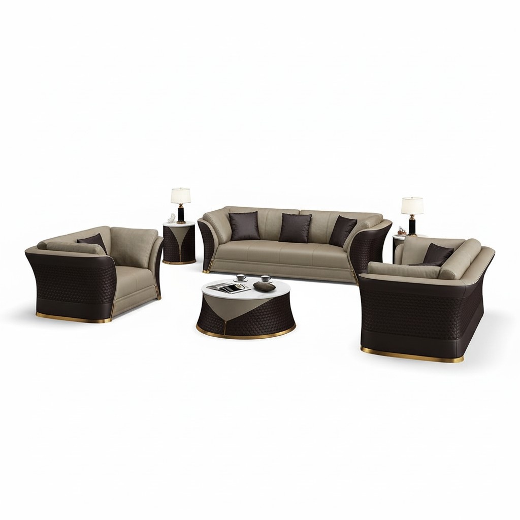 Designer Sofa Couch Polster Garnitur 6tlg. Set Leder Garnituren Couchtisch