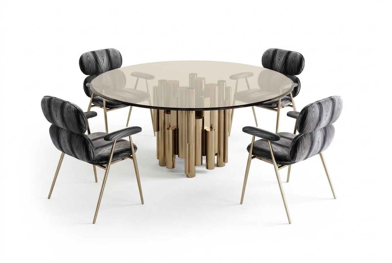 Designer Tisch Goldener Esszimmertisch Runder Glas Tisch Luxus Möbel