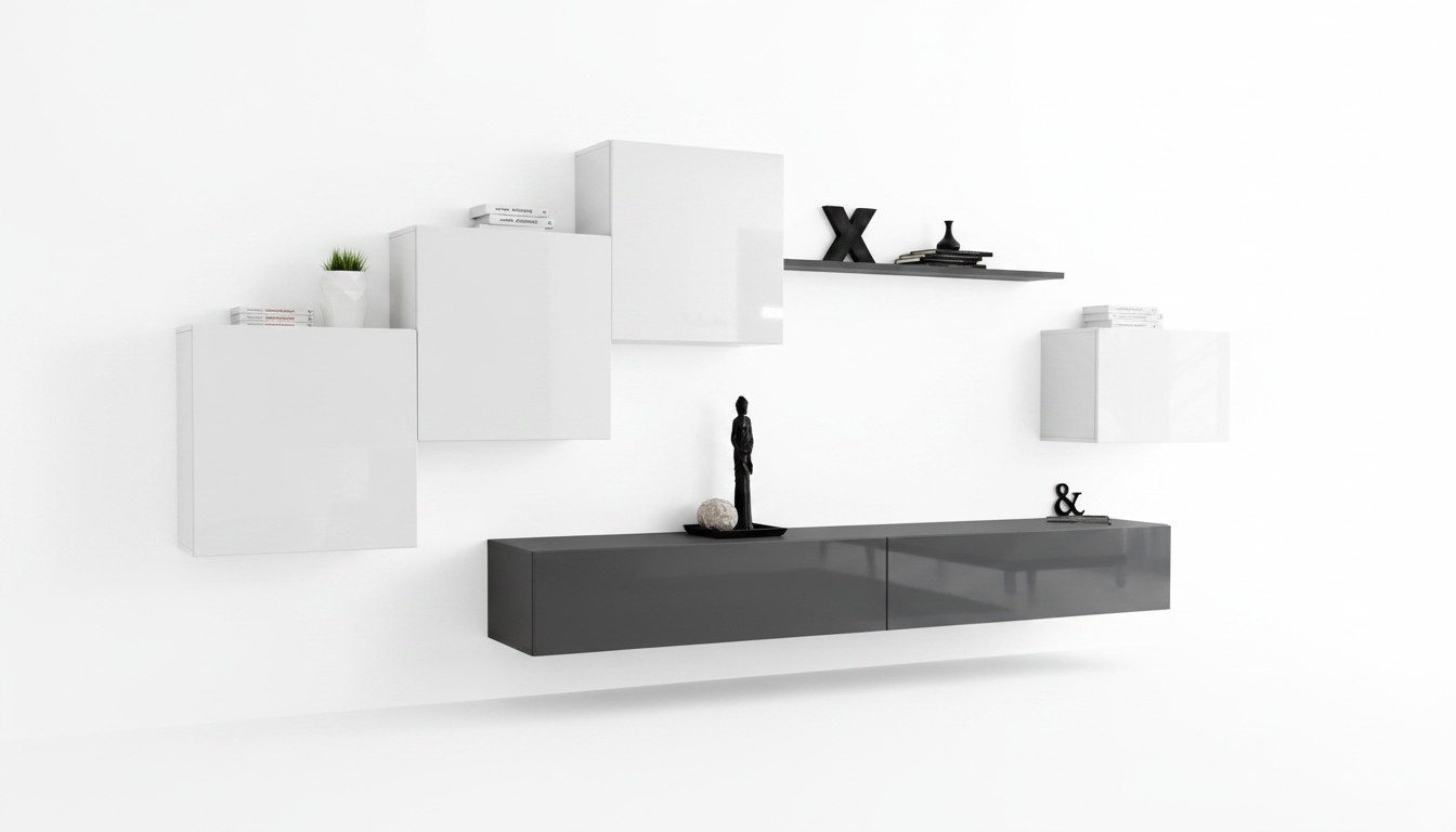 Designer Wohnwand Grau TV Ständer Moderne Sideboard Wandregal TV Ständer Neu