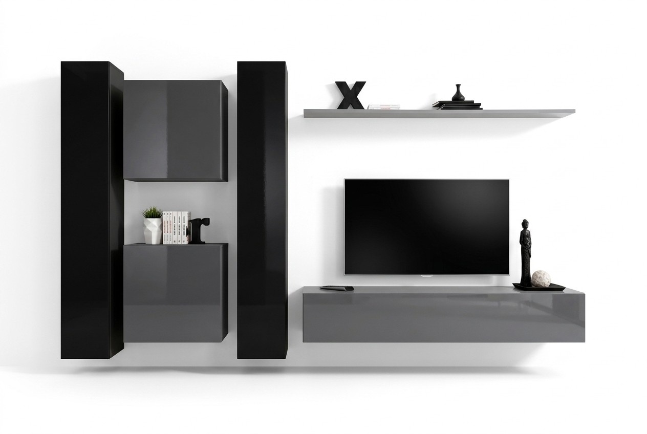 Designer Wohnwand Grau Wohnzimmermöbel 4x Wandschrank Wand Regal Komplett