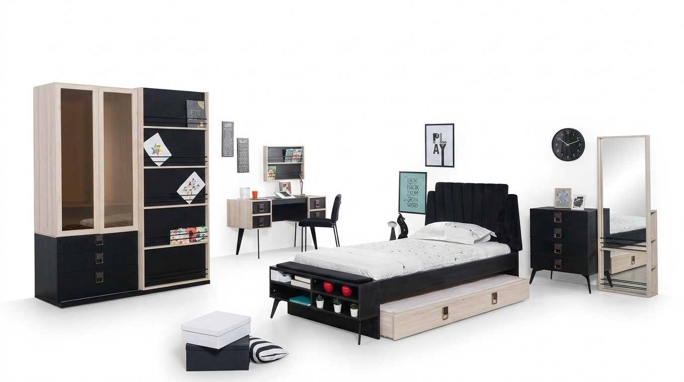 Designer Zimmer Jugend Kinder Schlafzimmer Tisch Bett Kommode Schrank Set 5tlg