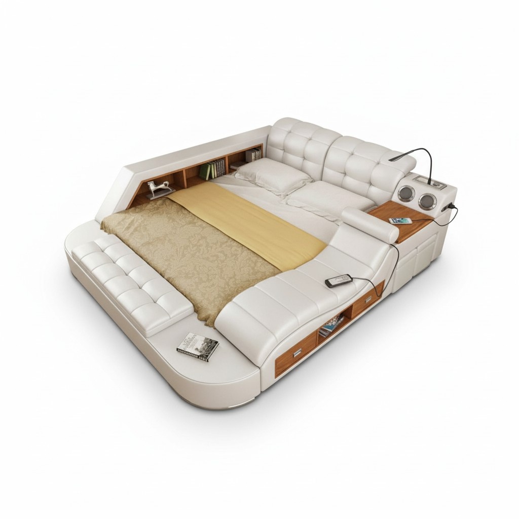 Doppel Luxus Leder Bett + USB Polster Betten Moderne Hotel Multifunktion