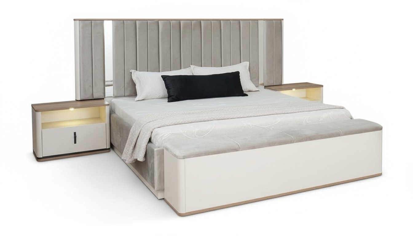 Doppelbett Bett Bank Nachttische Mit Beleuchtung Beige Schlafzimmer Möbel 4tlg