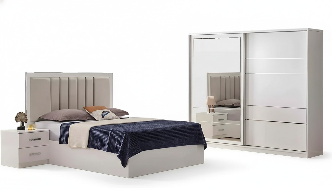 Doppelbett Komplette Schlafzimmer Nachttische Bett 4tlg Beige Schrank