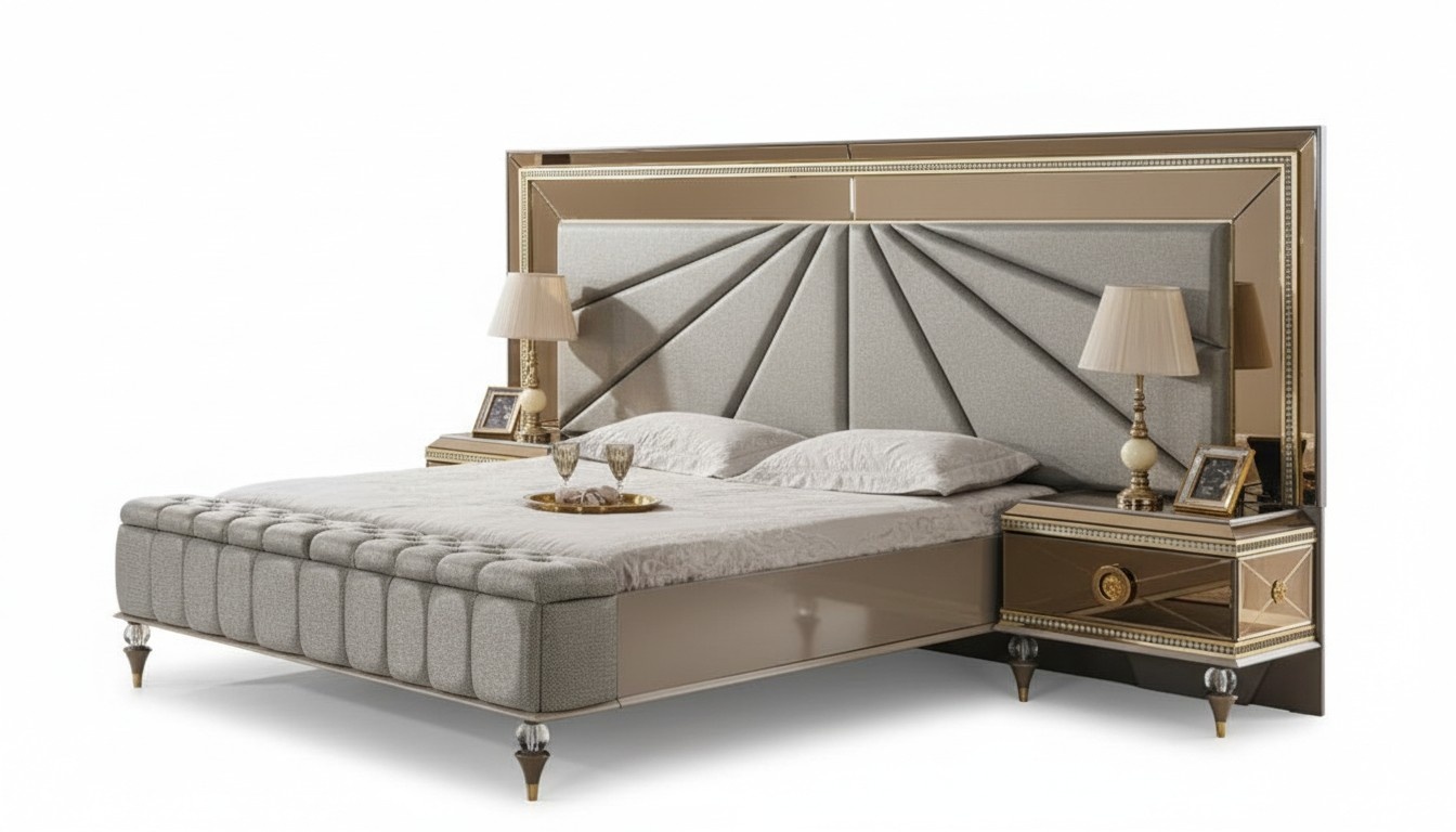 Doppelbett Luxus Garnitur Schlafzimmer Grau Nachttische Holz Set 3tlg