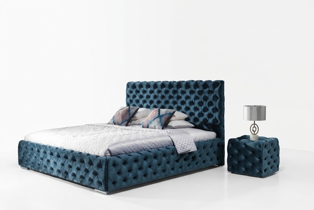 Doppelbett Schlafzimmer Samt Betten Chesterfield Bettgestell Nachttisch 3tlg Set