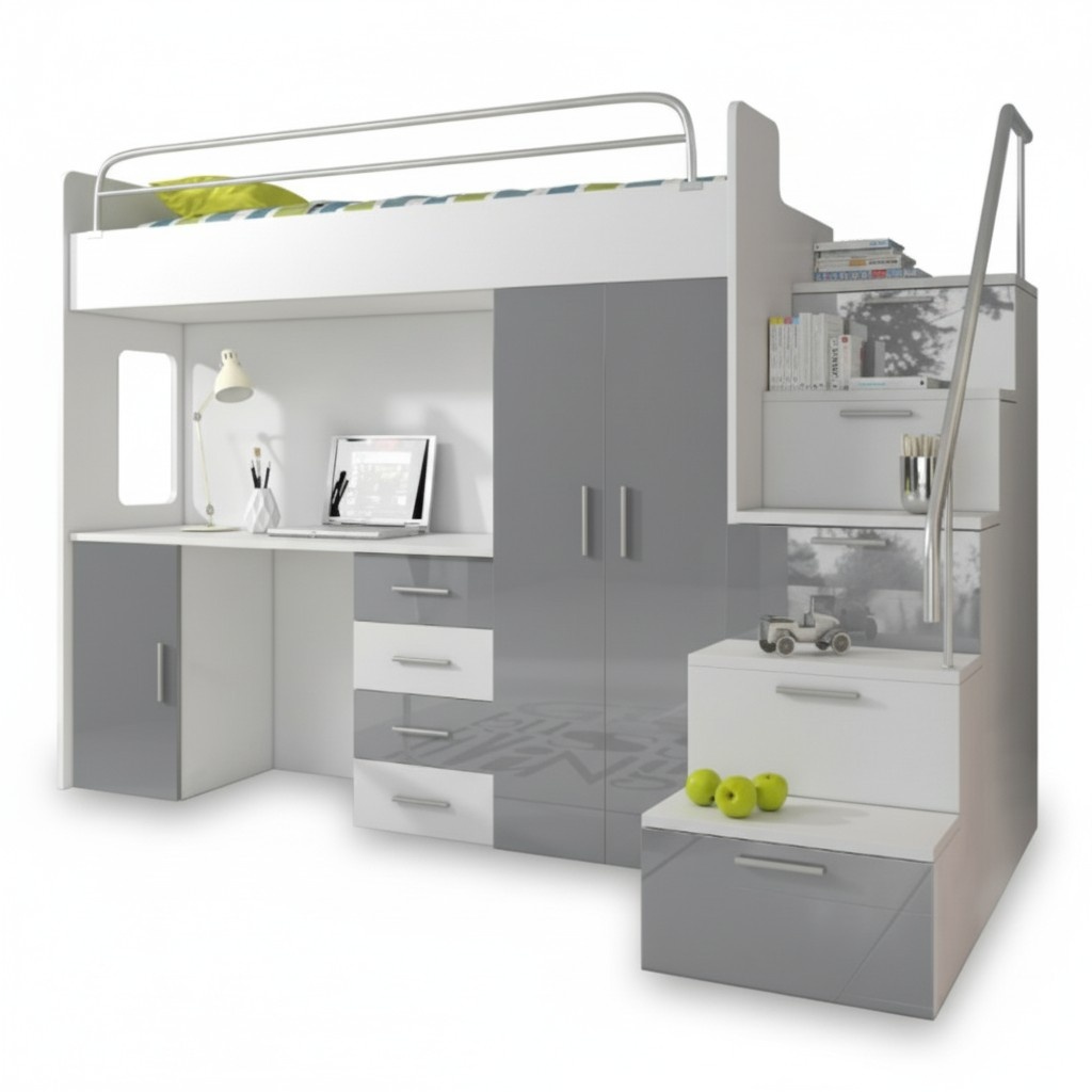 Doppelstockbett Grau Tisch Schrank Multifunktion Etagen Hochbett Kinderzimmer