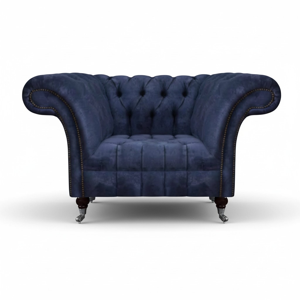 Dunkelblauer Chesterfield Einsitzer Wohnzimmer Textil Polstersessel Neu
