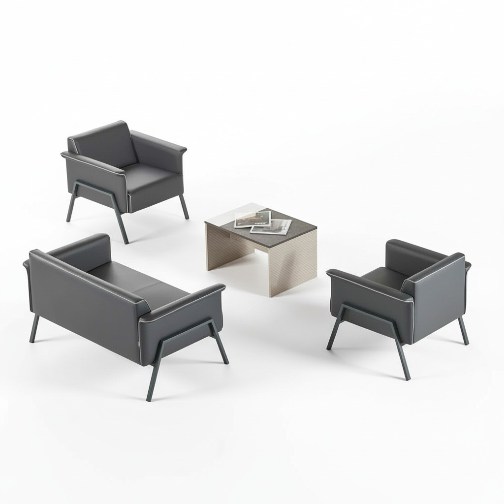 Dunkelgraue Arbeitszimmer Möbel Leder 2-Sitzer Holztisch 2x Sessel 4tlg