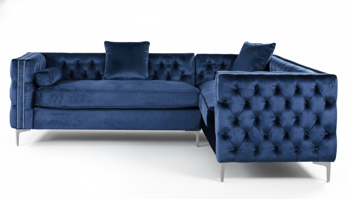 Ecksofa Blau Chesterfield Couch Eckgarnitur Polster Samt Stoff Ecke Möbel Design