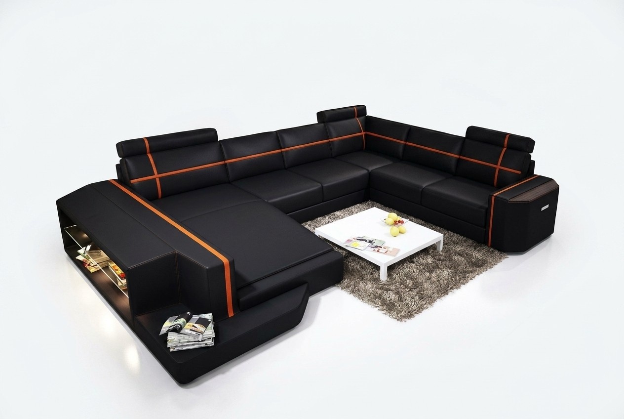 Ecksofa Ledersofa Modernes Sofa Couch U Form Wohnlandschaft +Beleuchtung PHM108