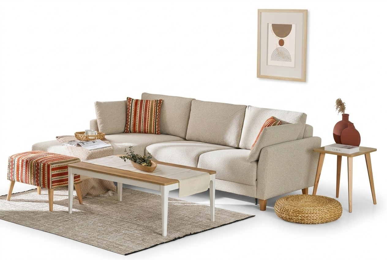 Ecksofa Sofa L-Form Couchtisch Polsterung Couch Textil Beige Wohnzimmer
