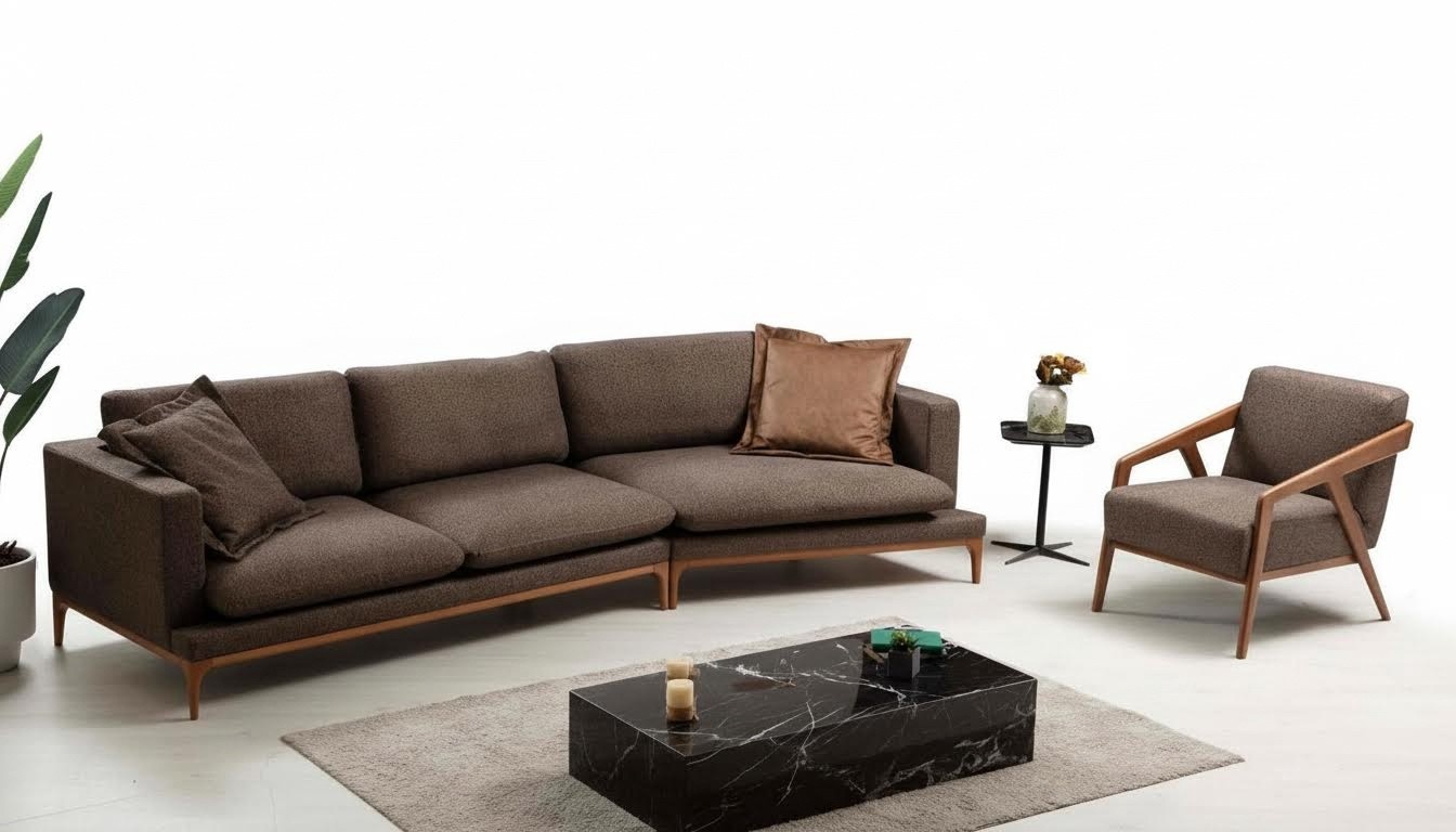 Ecksofa Sofa Wohnzimmer Sofas Stoff Luxus Eck L-Form Holz Stil Modern Möbel Neu