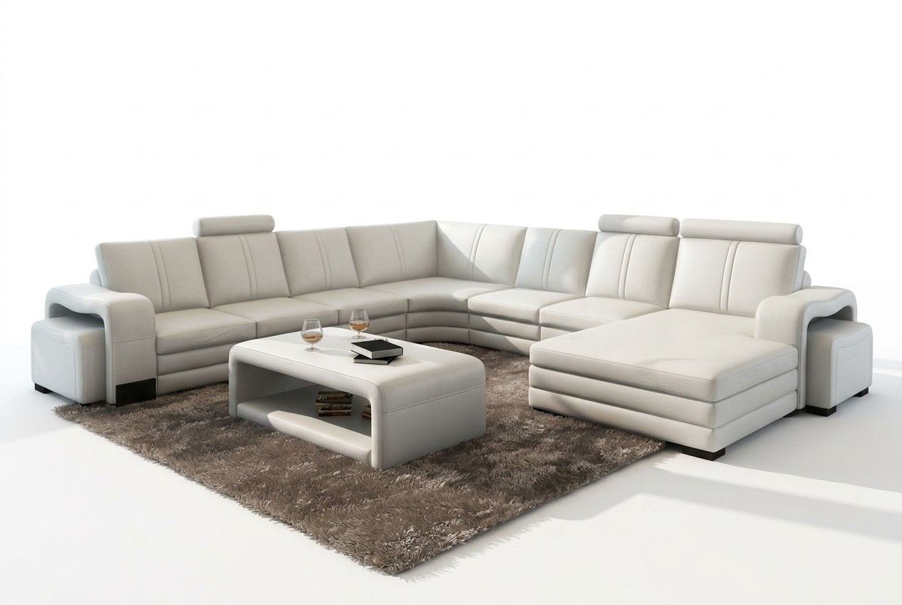 Ecksofa U-Form + 2x Hocker + Couchtisch Couch Design Grau Polster Leder
