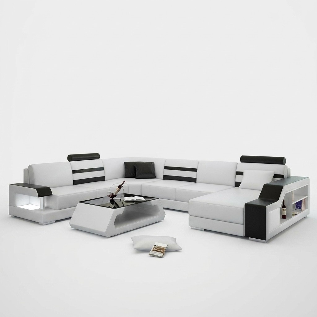 Ecksofa Wohnlandschaft U Form Sofa - Ledersofa Garnitur mit Regal Leder