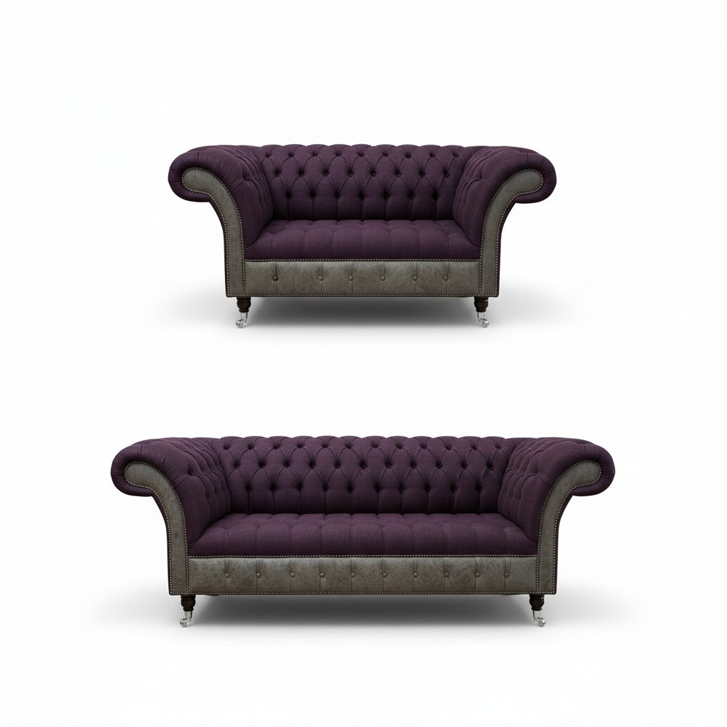 Edle Designer Chesterfield Knopf Garnitur Textil Polster Sitz Leder 3+1