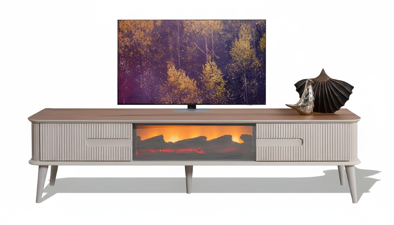 Ein beeindruckender TV-Lowboard mit Kamin, Fernbedienung und Farbwechsel