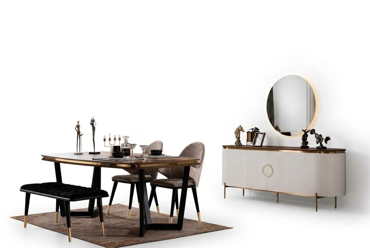 Elegant Essgruppe Braun Esstisch mit 2x Stühle Kommode mit Spiegel Hocker