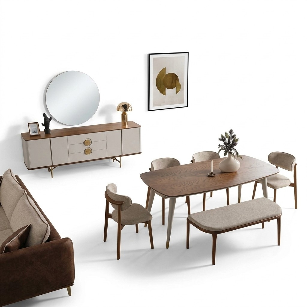 Elegant Esszimmer Set Modern Beige Esstisch 4x Stühle Hocker Kommode mit Spiegel