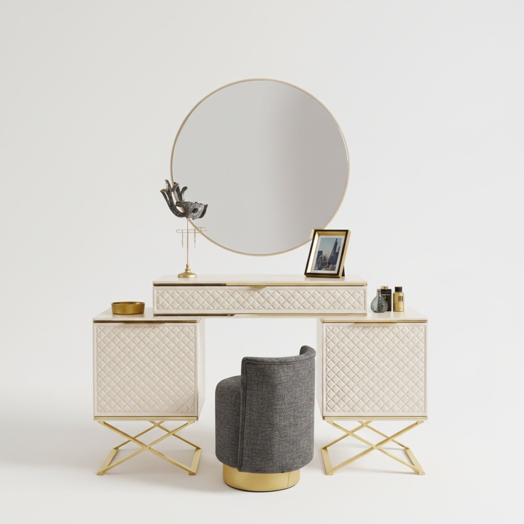 Elegant Schlafzimmer Set Schminktisch mit Spiegel modern Beige Möbel