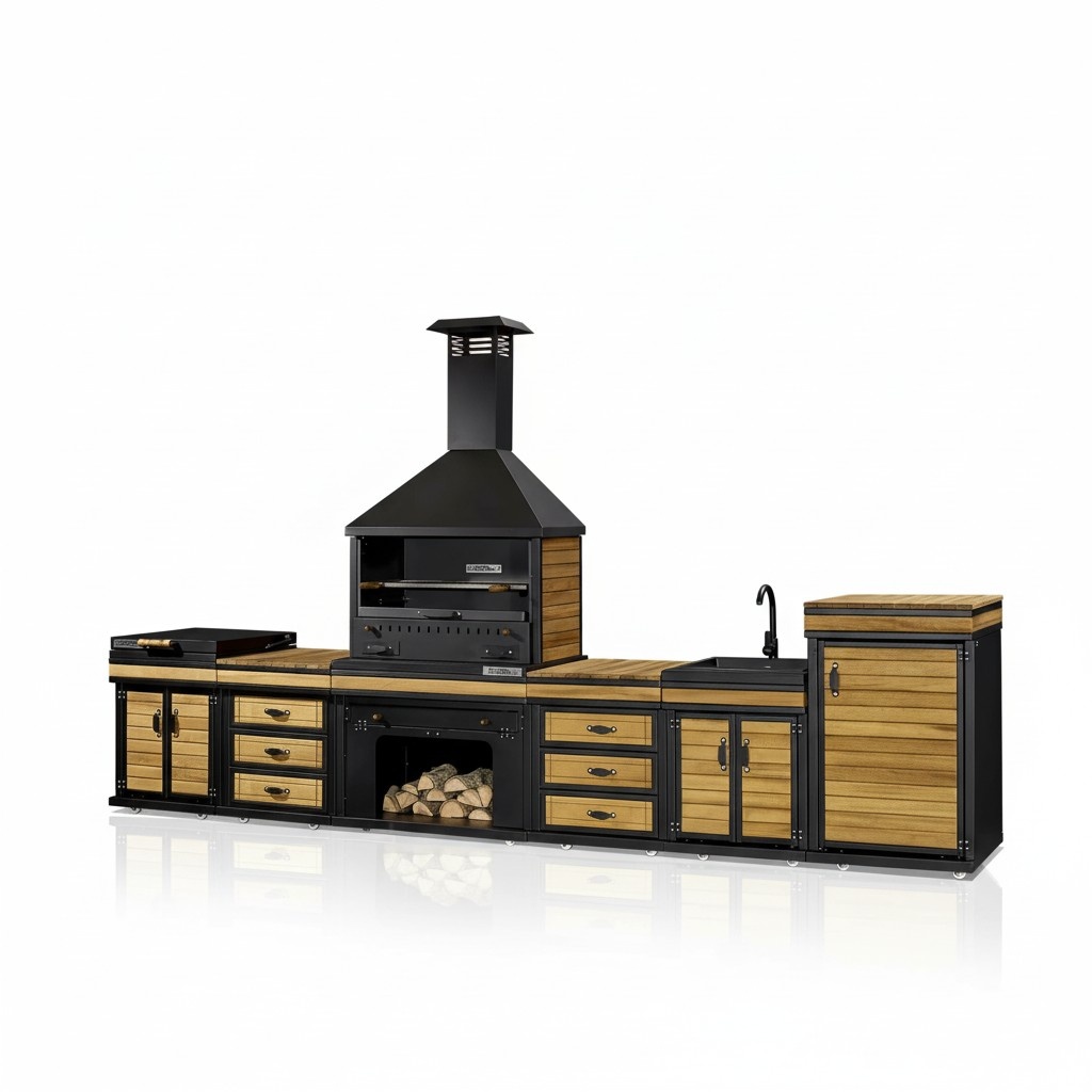 Elegante Außenküche in Schwarz aus Holz und Edelstahl