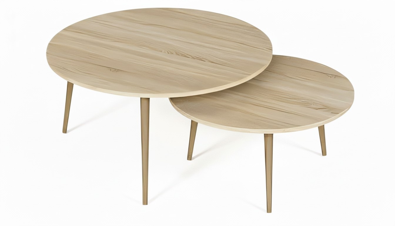 Design Couchtisch 2er Set Rund Holz-Optik Hell