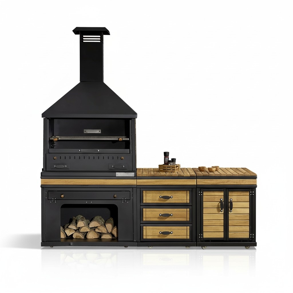 Elegante schwarze Außenküche aus Holz und Edelstahl