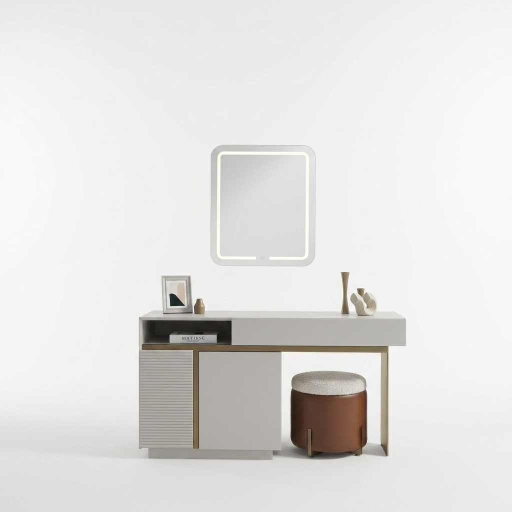 Eleganter Beiger Schminktisch mit Spiegel und Hocker aus Holz